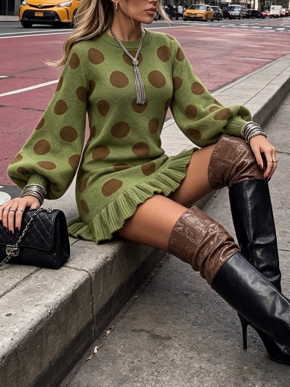 Green Casual Women's Polka-Dot Loose Fit Long Pullover Sweater dress - Picture 3 of 8